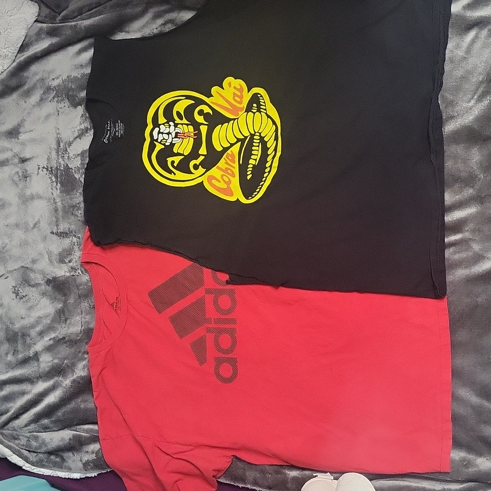 2 mens 2X graphic tee shirt lot XXL red Adidas tshirt black Cobra Kai tank top